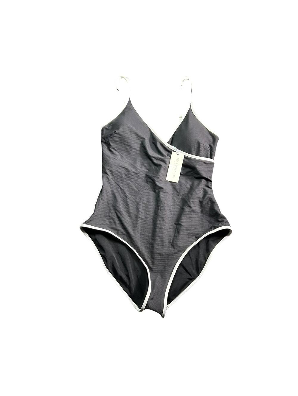 SEA LEVEL SWIM elite wrap front surplice black white trim one piece swimsuit New